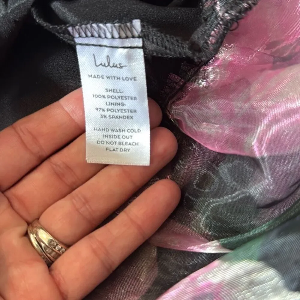 Lulus tiered black floral midi dress size large tie straps whimsigoth fairy dark - Picture 12 of 12